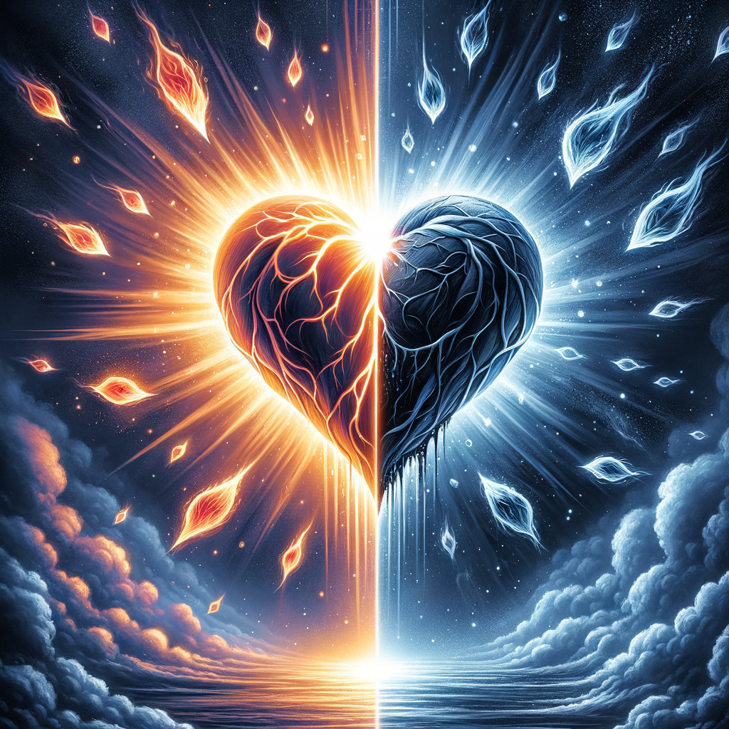 Half-Fire Half-Ice Heart with Glowing Patterns