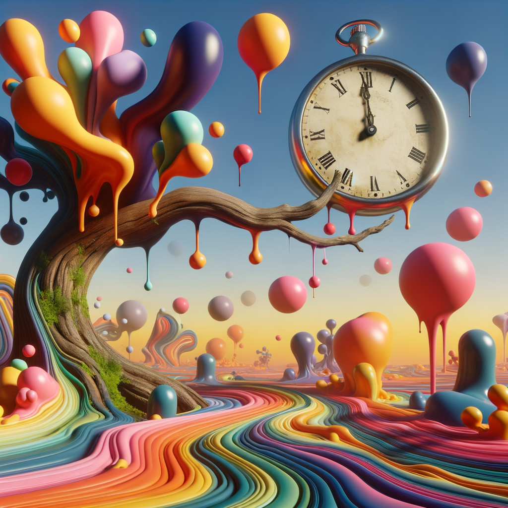 Surreal Landscape with Whimsical Tree and Clock