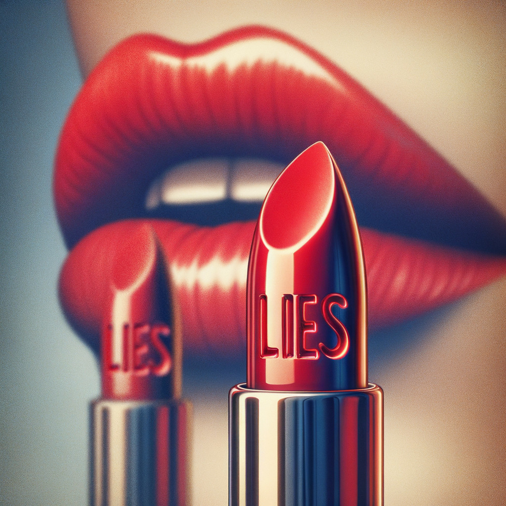 Close-up of Red Lipstick with "LIES" Engraved