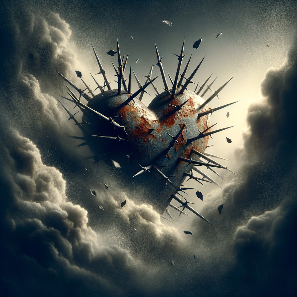Rusty Heart Surrounded by Dark Clouds and Ethereal Light