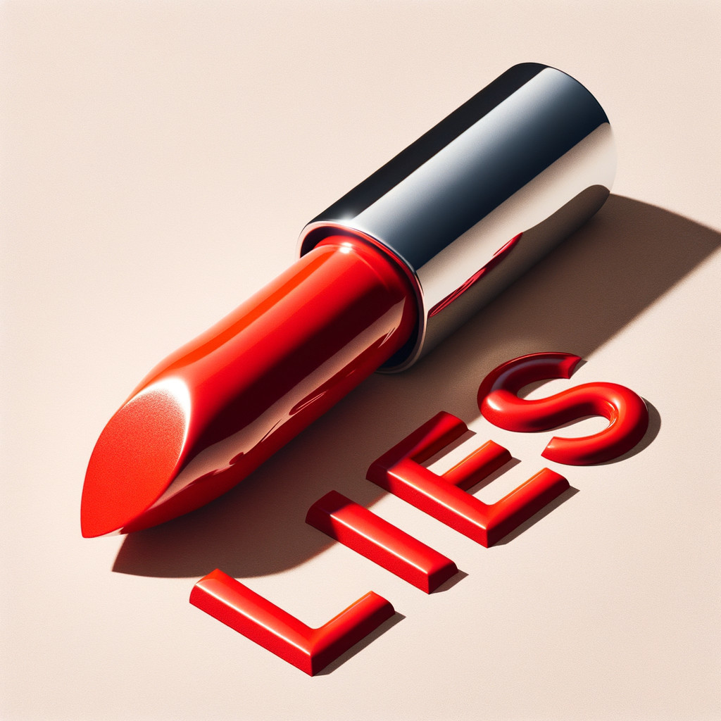 Vibrant Red Lipstick and 3D "LIES" Text Display