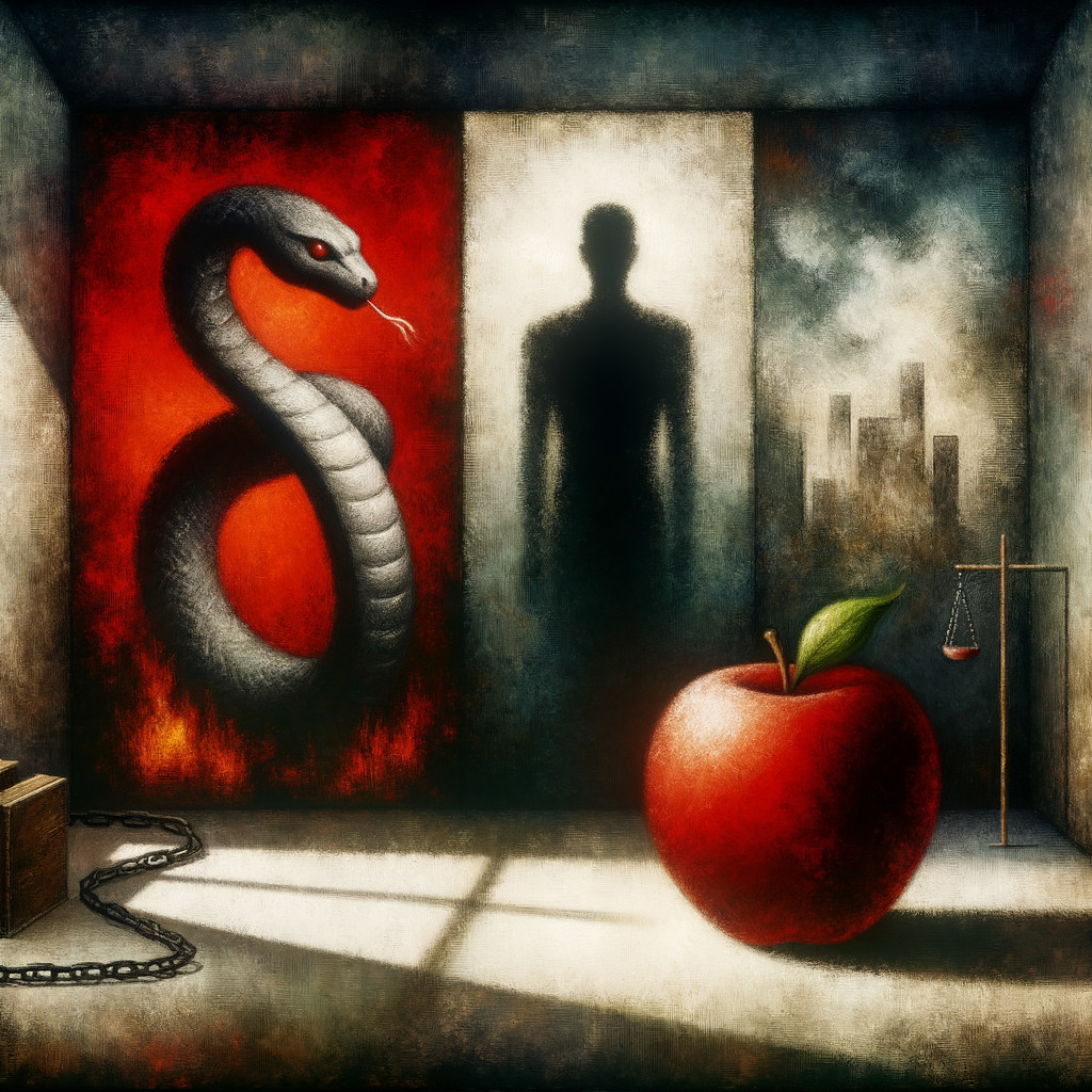 Shadowy Room with Red and White Walls and Symbolism