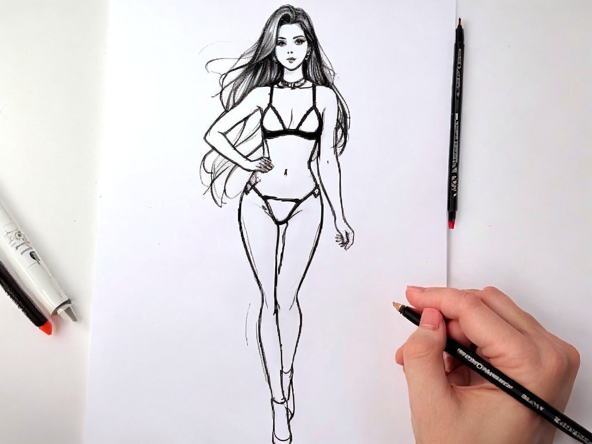 Hand-drawn illustration of confident female model in bikini