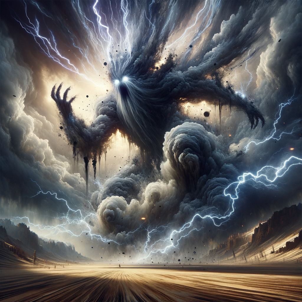Colossal Storm Figure Surrounded by Turbulent Clouds