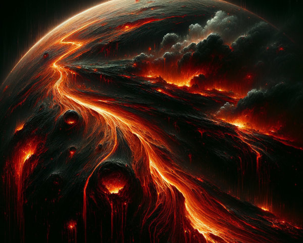 Fiery Planet with Lava Flows and Dark Clouds