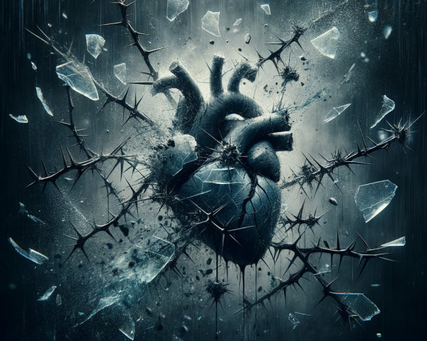 Surreal Heart Explosion Amid Jagged Glass Shards