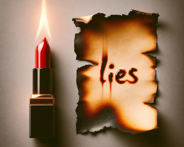 Red Lipstick and Singed Paper Symbolizing Deception