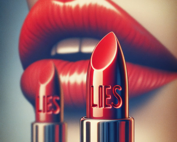 Close-up of Red Lipstick with "LIES" Engraved