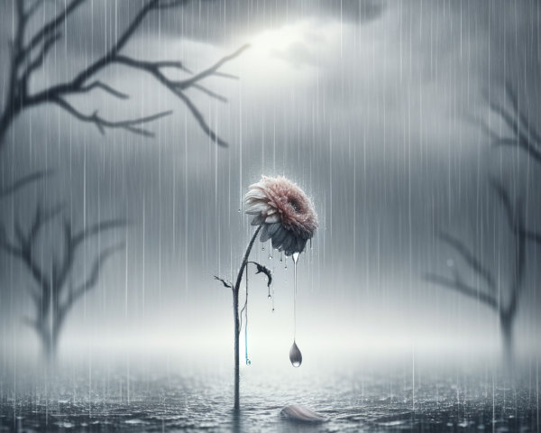 Solitary Flower in Gloomy, Misty Landscape
