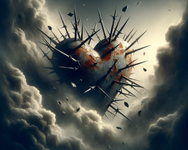 Rusty Heart Surrounded by Dark Clouds and Ethereal Light