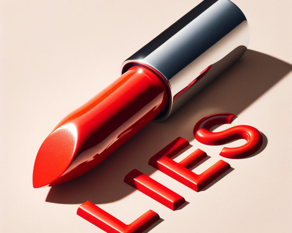 Vibrant Red Lipstick and 3D "LIES" Text Display
