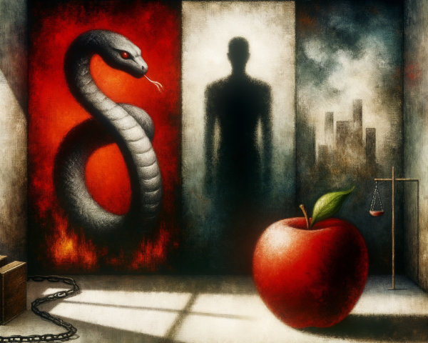 Shadowy Room with Red and White Walls and Symbolism