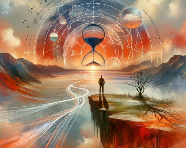 Silhouetted Figure on Cliff with Cosmic Hourglass at Sunset