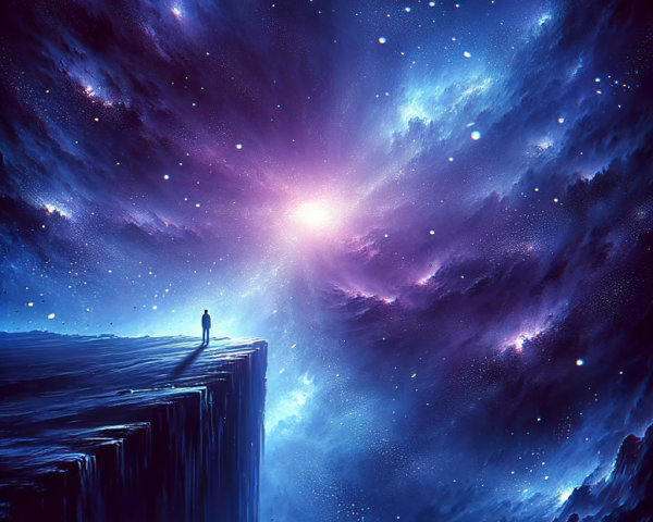 Solitary Figure on Dark Cliff Overlooking Cosmic Scene