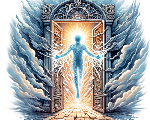 Radiant Figure Surrounded by Ethereal Light and Clouds