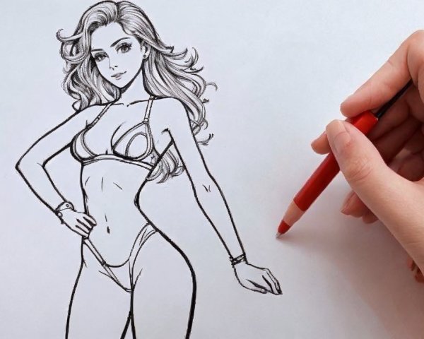 Red Pencil Over Stylish Figure Sketch with Bikini