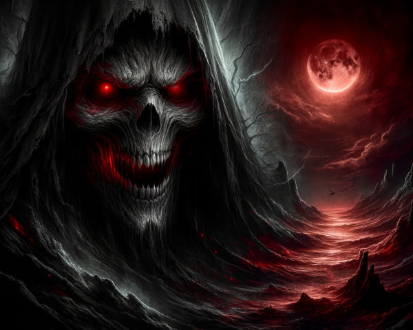 Eerie Landscape Under Blood-Red Moon with Menacing Figure