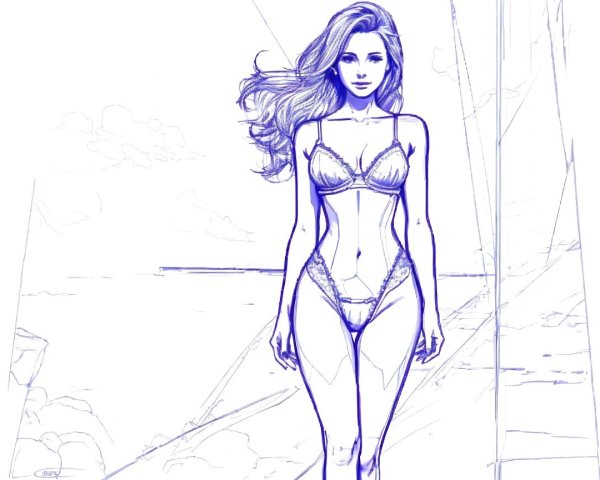 Stylized Blue-Ink Illustration of Confident Woman at Coastline