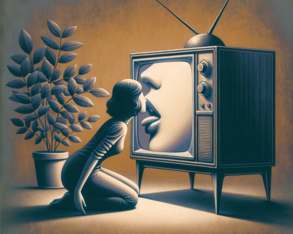 Surreal Scene of Woman and Vintage Television Interaction