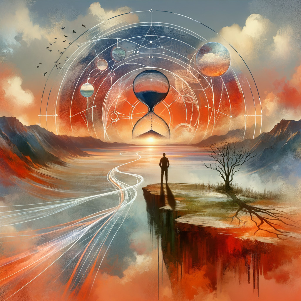 Silhouetted Figure on Cliff with Cosmic Hourglass at Sunset