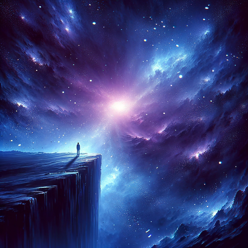 Solitary Figure on Dark Cliff Overlooking Cosmic Scene