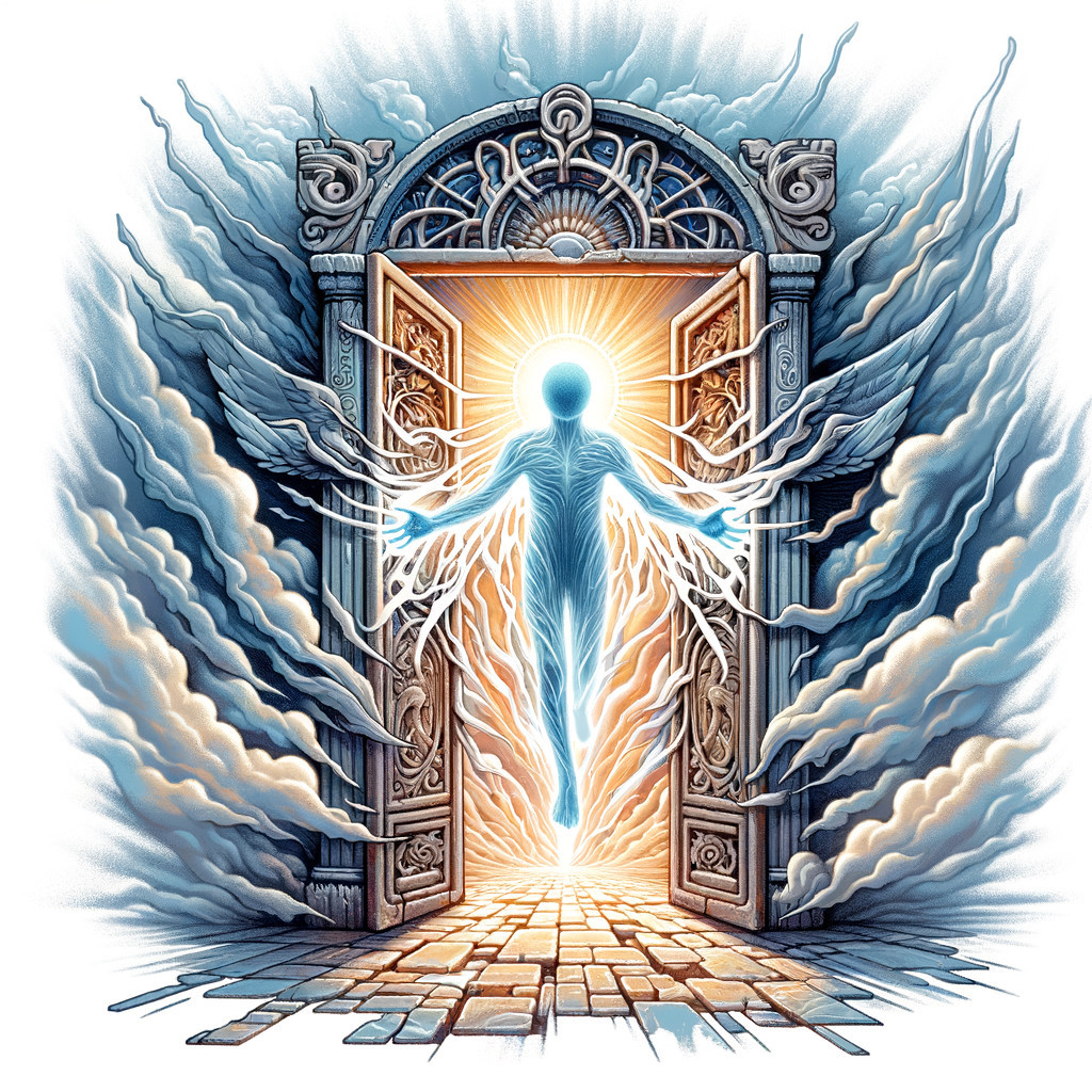 Radiant Figure Surrounded by Ethereal Light and Clouds
