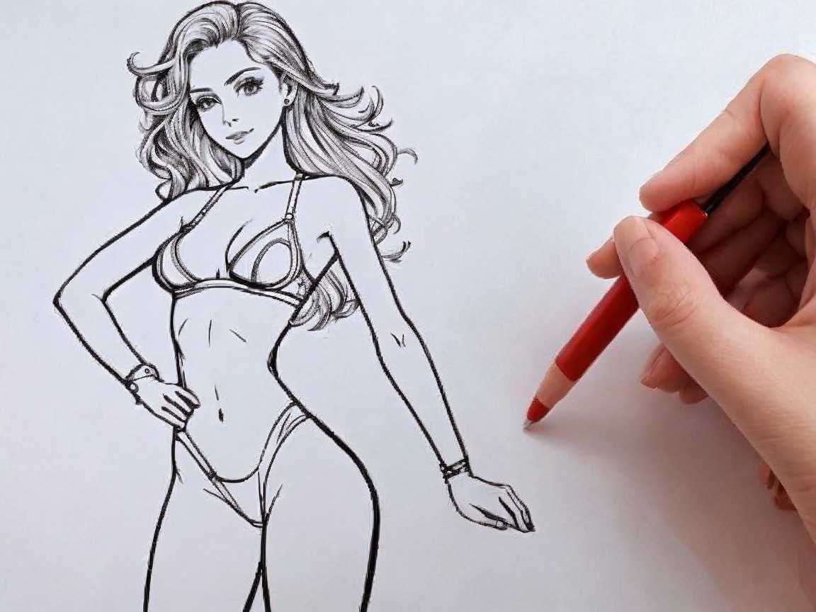 Red Pencil Over Stylish Figure Sketch with Bikini