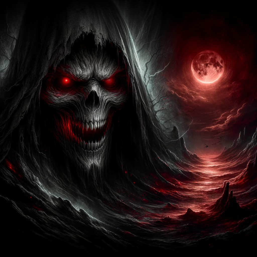 Eerie Landscape Under Blood-Red Moon with Menacing Figure