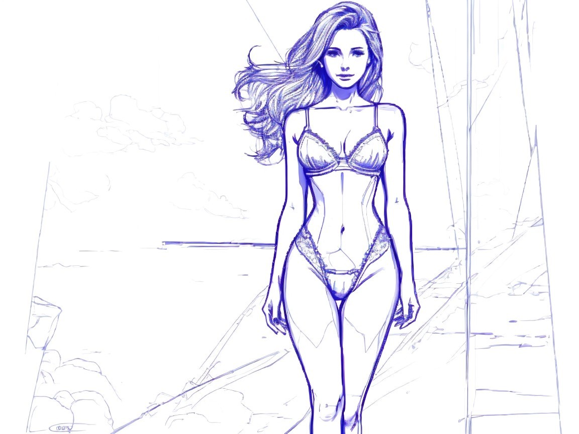 Stylized Blue-Ink Illustration of Confident Woman at Coastline