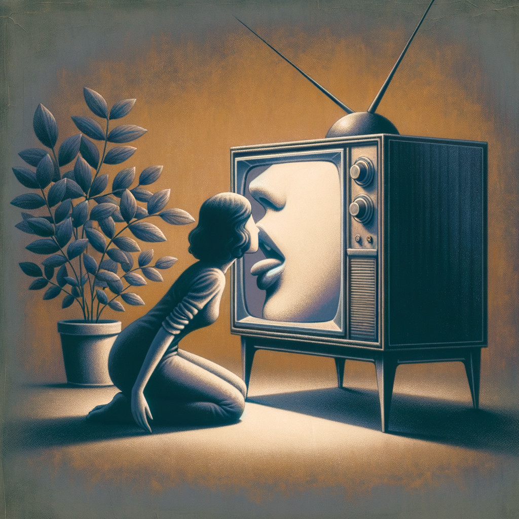 Surreal Scene of Woman and Vintage Television Interaction