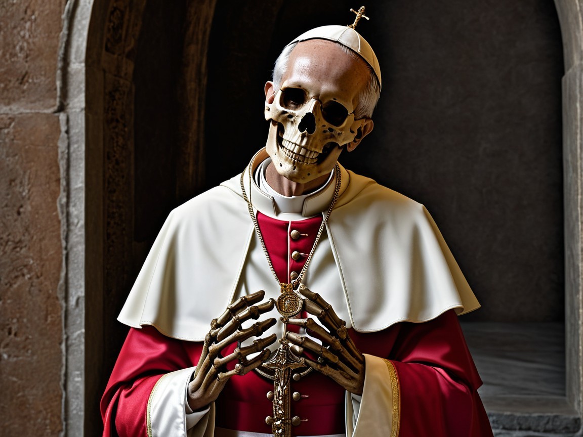 Skeletal Figure in Pope Robe in Dimly Lit Setting