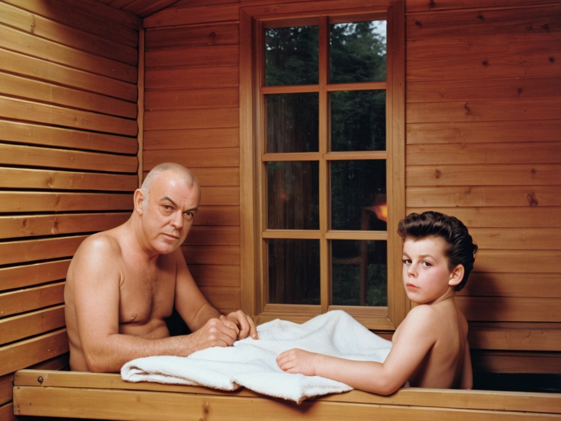 Man and boy seated in a wooden sauna interior