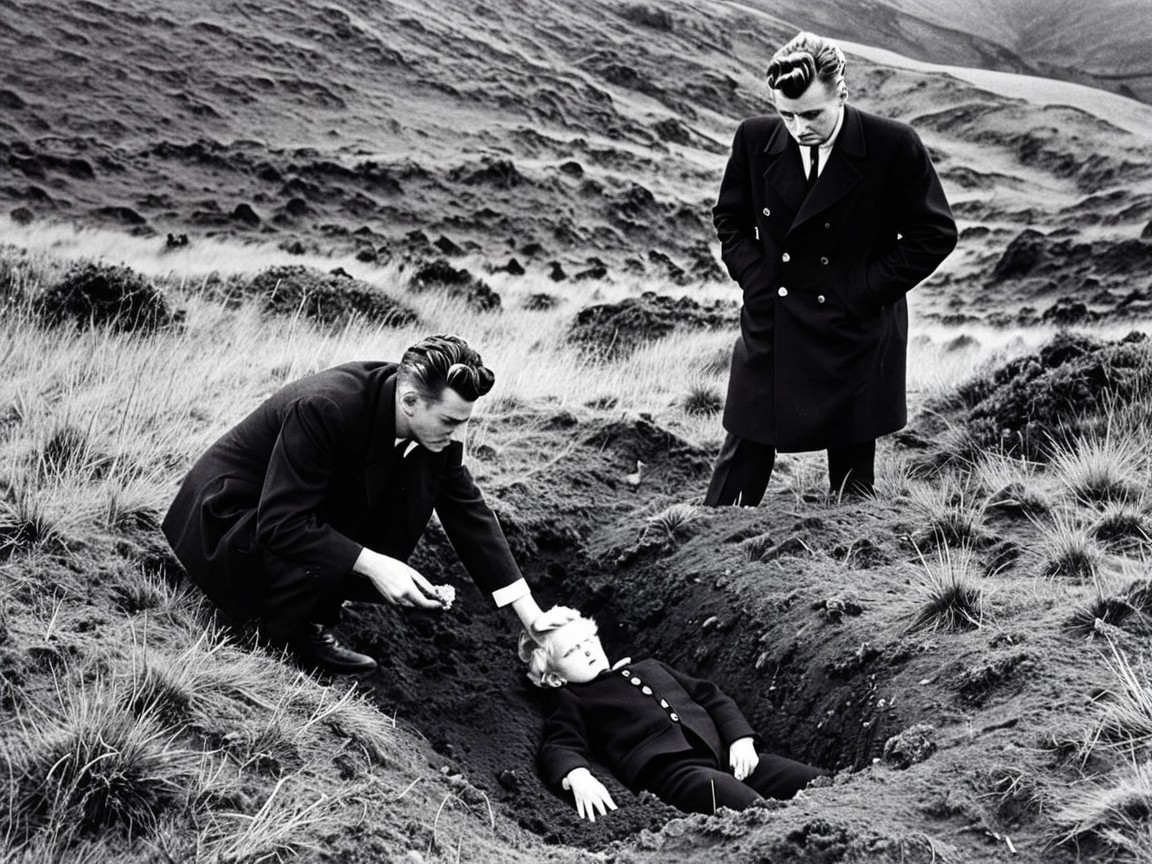 Men in Formal Attire at a Grave on a Hillside