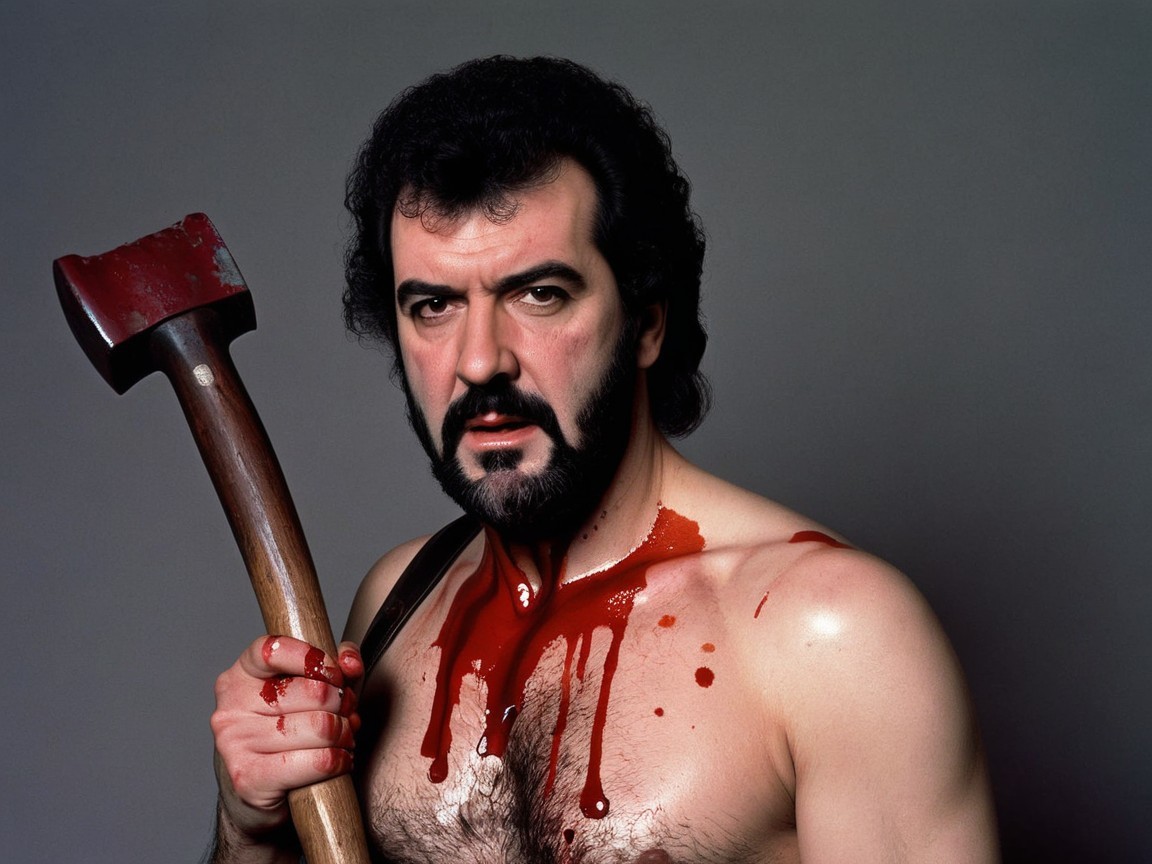 Muscular Man with Bloodied Axe in Stark Setting