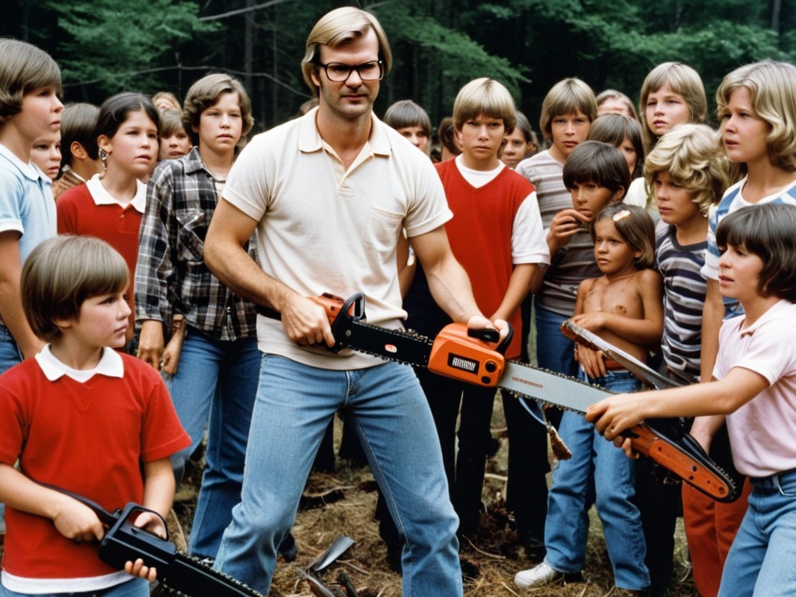 Children Observing a Man with a Chainsaw in Woods