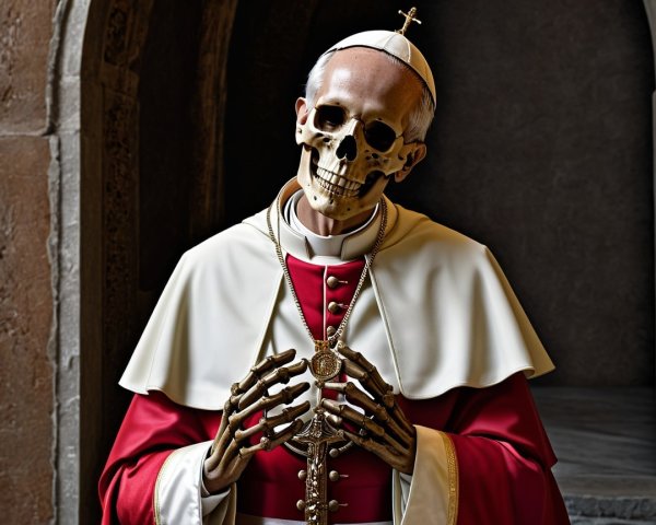 Skeletal Figure in Pope Robe in Dimly Lit Setting