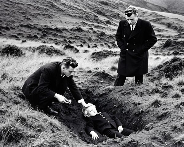Men in Formal Attire at a Grave on a Hillside