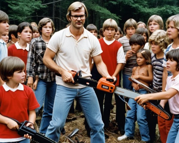 Children Observing a Man with a Chainsaw in Woods