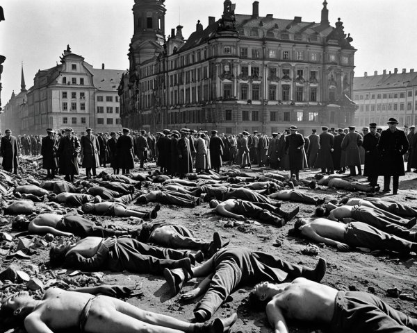 Grim Historical Scene with Bodies and Somber Crowd