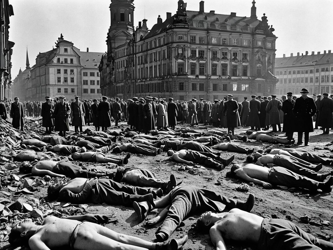 Grim Historical Scene with Bodies and Somber Crowd