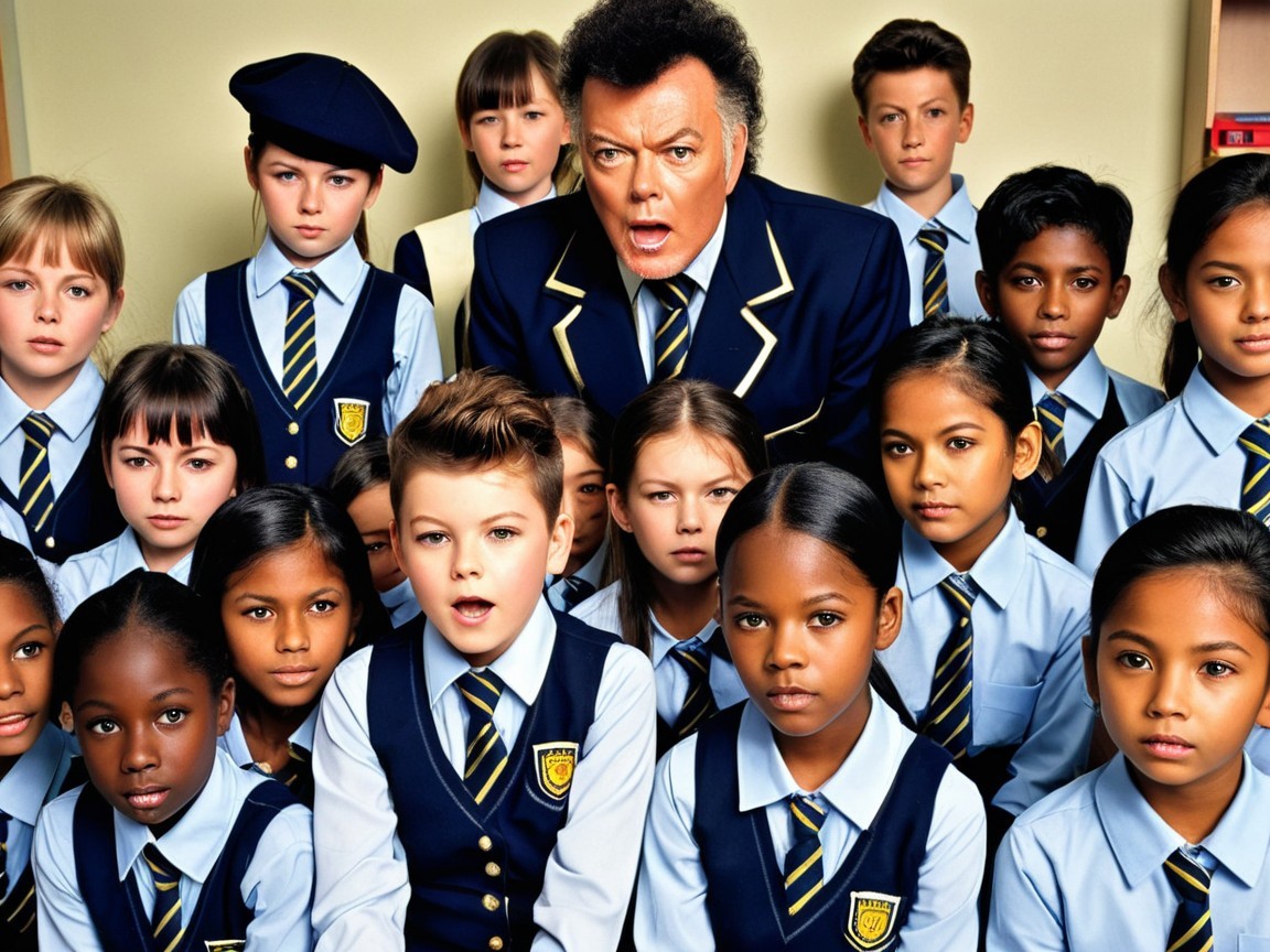 Children in School Uniforms with Adult in Theater Pose