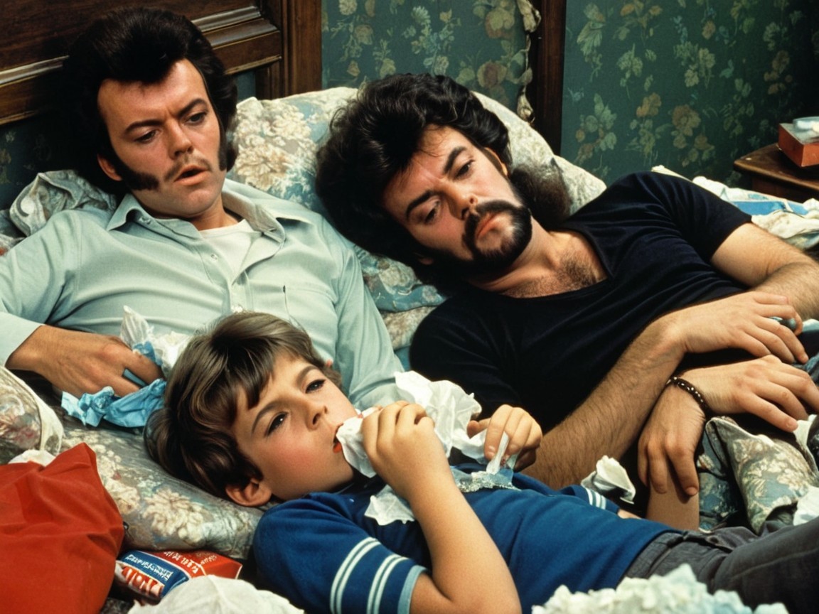 Cozy Scene of Three People on a Bed with Snacks