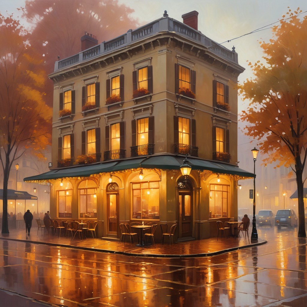 Charming Corner Cafe in Vibrant City Street at Night