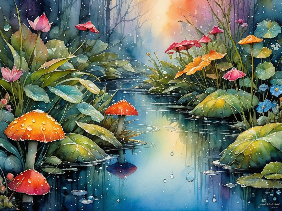 Vibrant Waterway Surrounded by Lush Greenery and Flowers