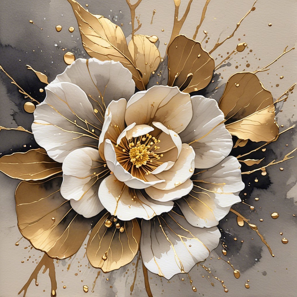 Three-Dimensional White Flower with Gold Accents