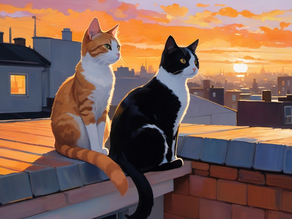 Cats on Rooftop Watching Colorful City Sunset