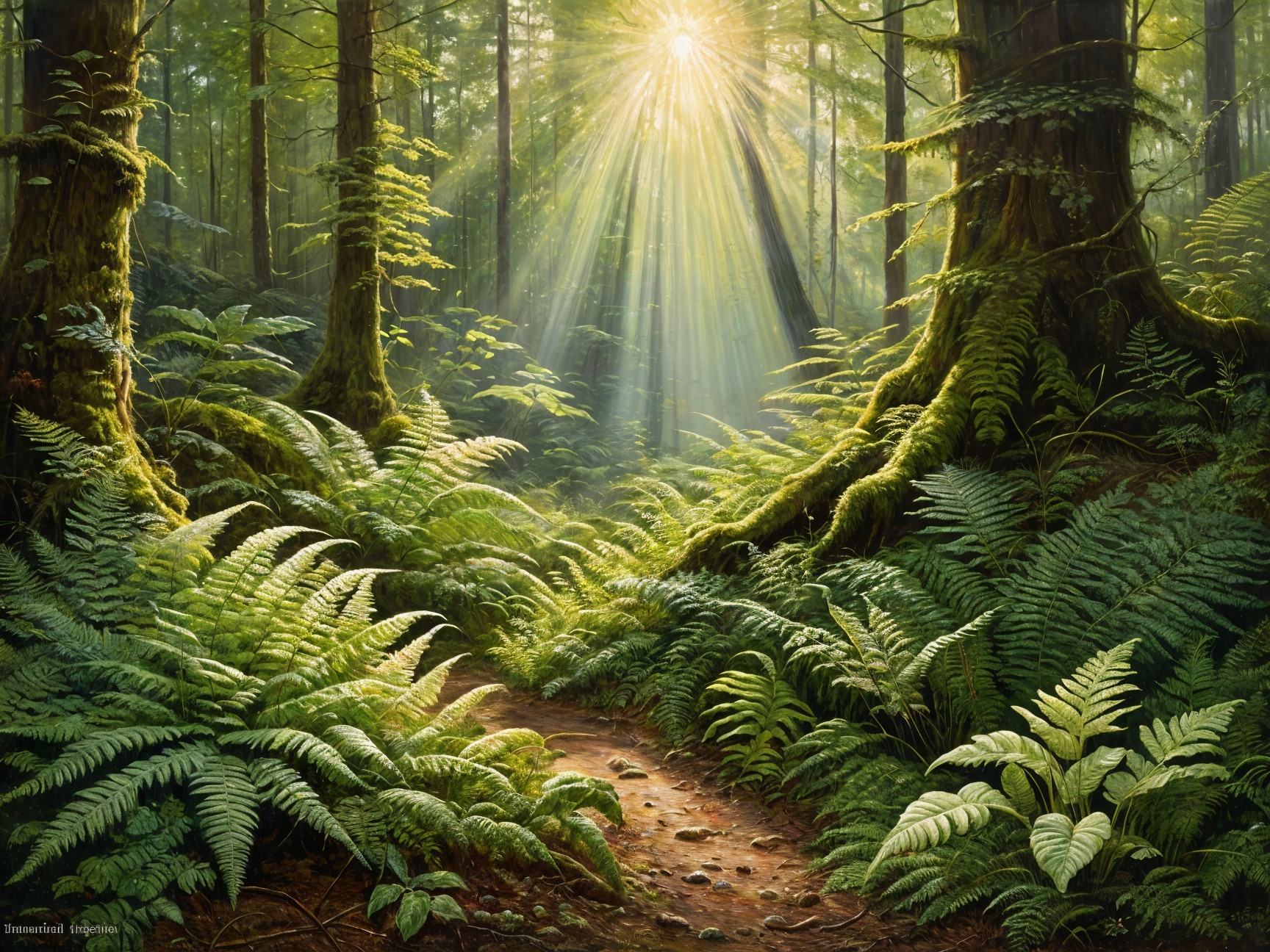 Serene forest scene with misty trees and ferns