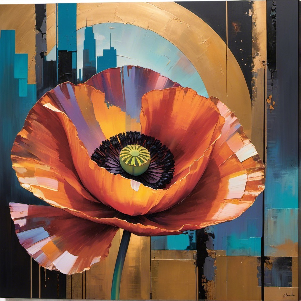 Oversized Poppy Flower with Geometric Background