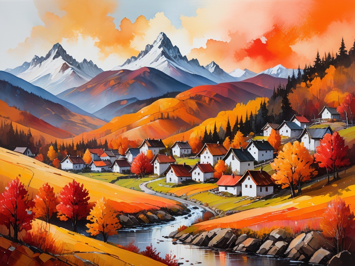Charming Village in Vibrant Autumn Landscape