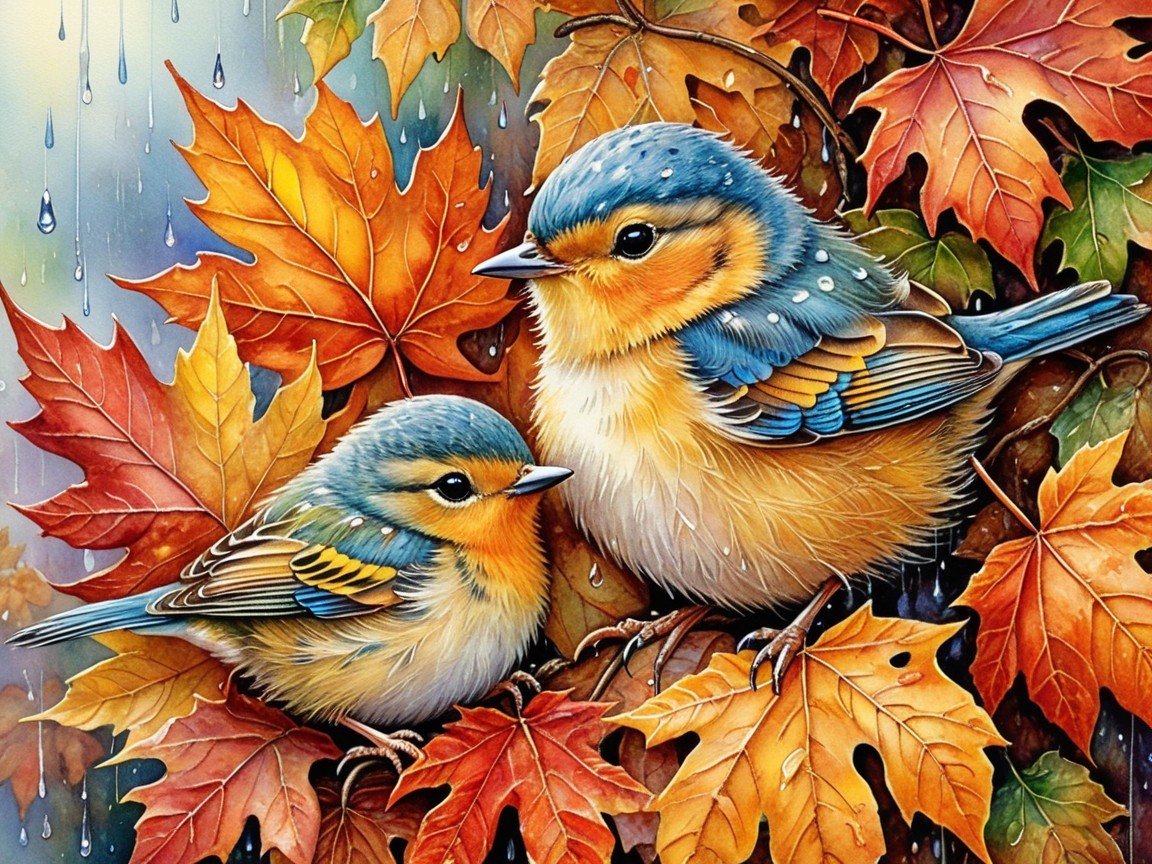Blue and orange birds on autumn leaves with raindrops